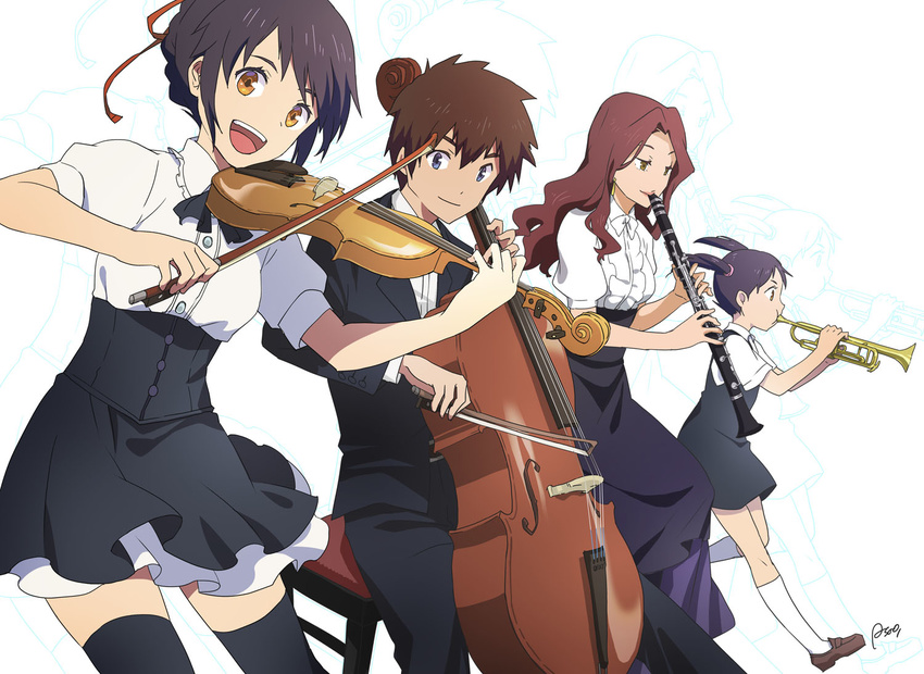 3girls alternate_costume asao_(vc) black_hair black_legwear blue_eyes brown_eyes brown_hair cello clarinet commentary_request hair_ribbon instrument kimi_no_na_wa kneehighs miyamizu_mitsuha miyamizu_yotsuha multiple_girls music okudera_miki open_mouth playing_instrument red_ribbon ribbon smile tachibana_taki thighhighs trumpet twintails violin white_legwear