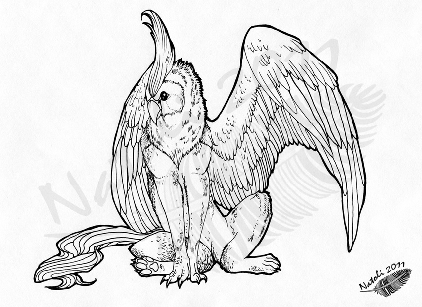 2011 avian beak feathered_wings feathers feral fur gryphon line_art natoli simple_background sitting solo traditional_media_(artwork) watermark white_background wings