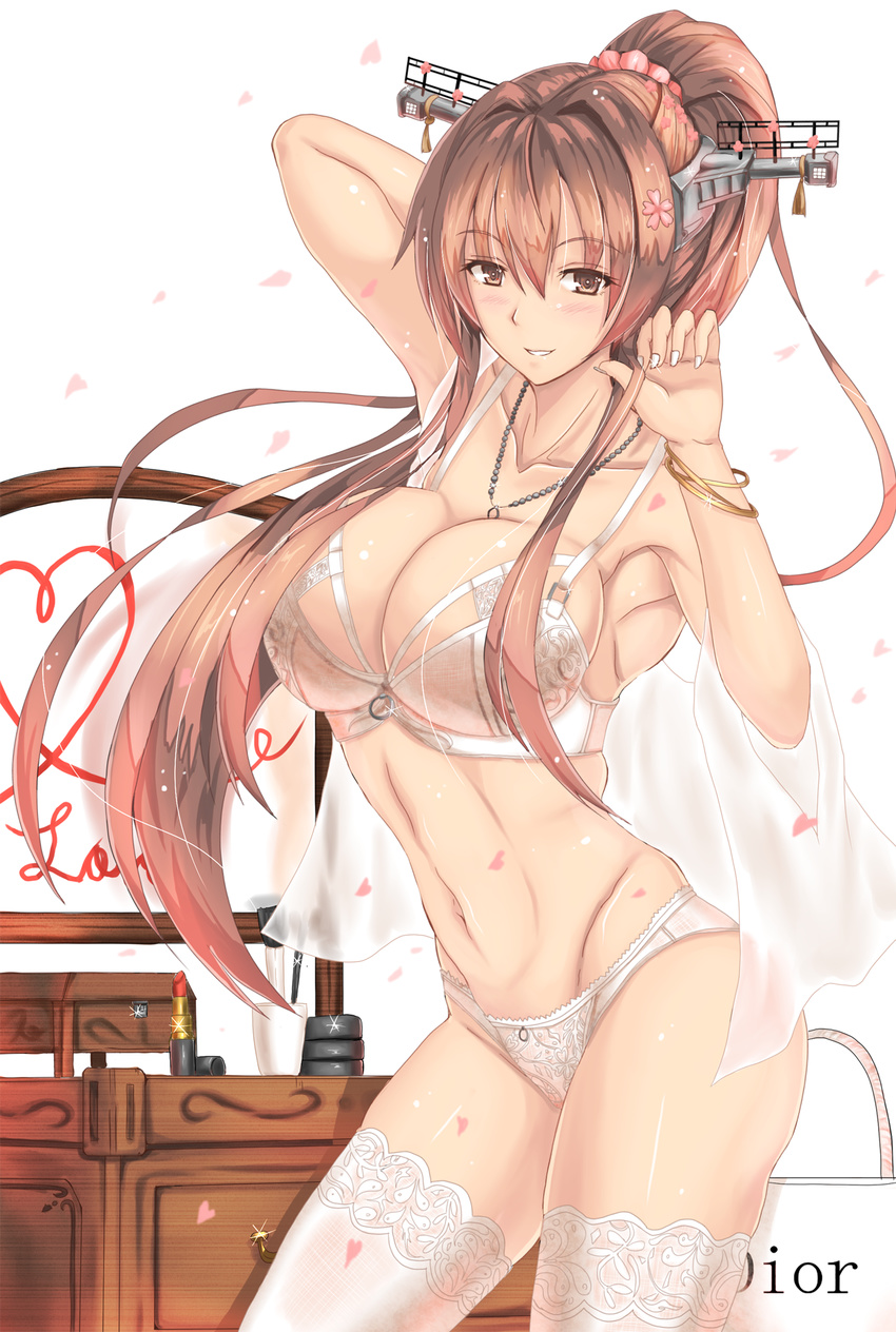 alternate_costume arm_behind_head armpits breasts brown_eyes brown_hair bursting_breasts cleavage collarbone commentary_request eyebrows_visible_through_hair fingernails hair_between_eyes hair_intakes hair_ornament headgear highres huge_breasts jewelry kantai_collection lace lace-trimmed_panties lace-trimmed_thighhighs leaning_forward legs lingerie long_hair looking_at_viewer luna_(gunfire) mirror navel necklace panties ponytail see-through solo thighhighs thighs underwear underwear_only white_legwear yamato_(kantai_collection)