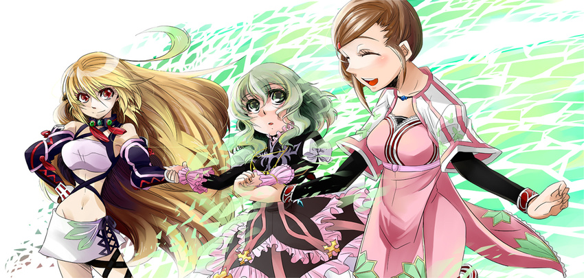 3girls ahoge bare_shoulders breasts choker dress driselle_sharil elbow_gloves elize_lutus eyes_closed frills gloves green_eyes green_hair hair_ornament hand_holding midriff milla_maxwell multicolored_hair multiple_girls navel open_mouth red_hair ribbon short_hair skirt smile tales_of_(series) tales_of_xillia very_long_hair