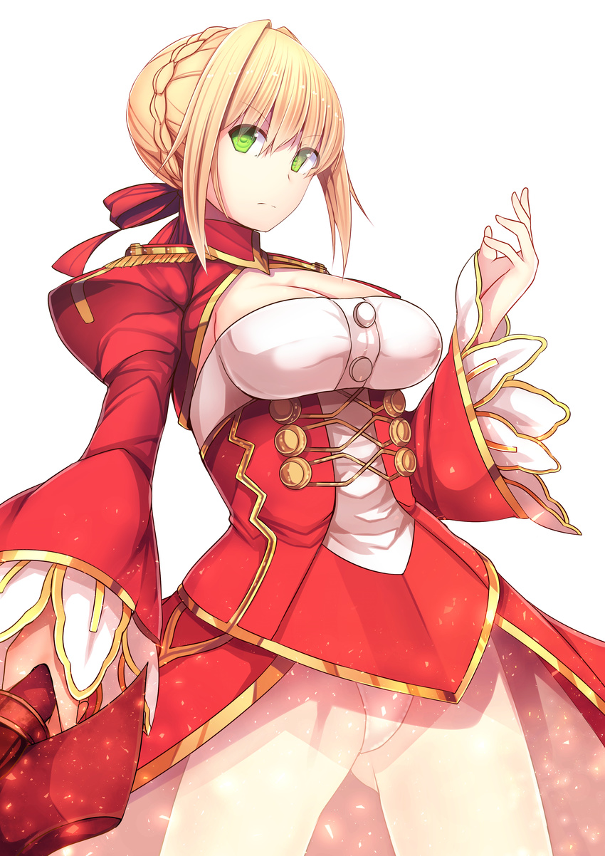 absurdres blonde_hair braid breasts cleavage daiaru fate/extra fate_(series) green_eyes highres long_hair looking_at_viewer medium_breasts nero_claudius_(fate) nero_claudius_(fate)_(all) panties simple_background solo thighs underwear white_background white_panties