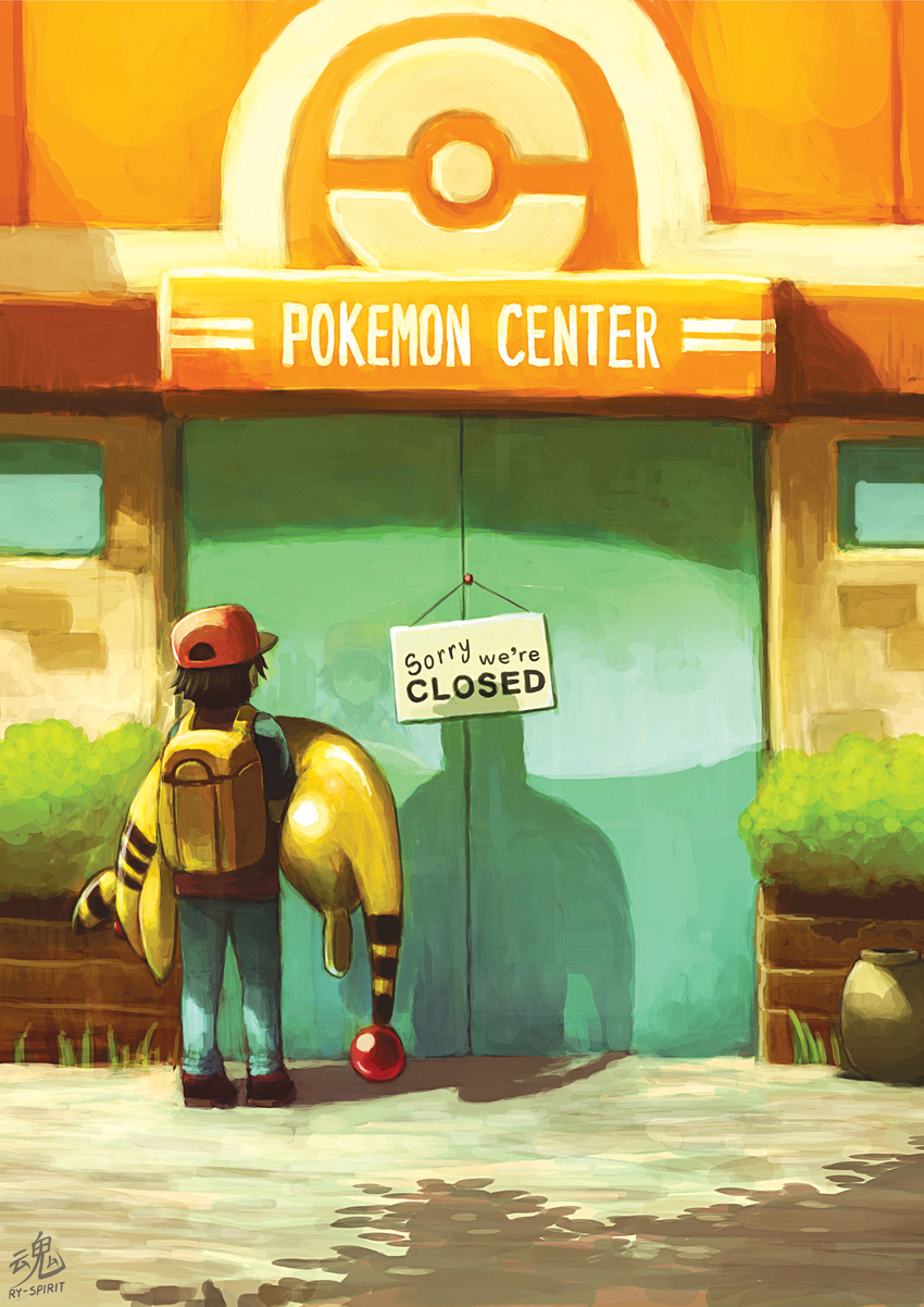 ambiguous_gender ampharos backpack bad_end carrying clothed clothing duo english_text hat human male mammal nintendo outside pok&eacute;mon pok&eacute;mon_center pok&eacute;mon_trainer reflection ry-spirit sad sign standing text unconscious video_games yellow_skin young
