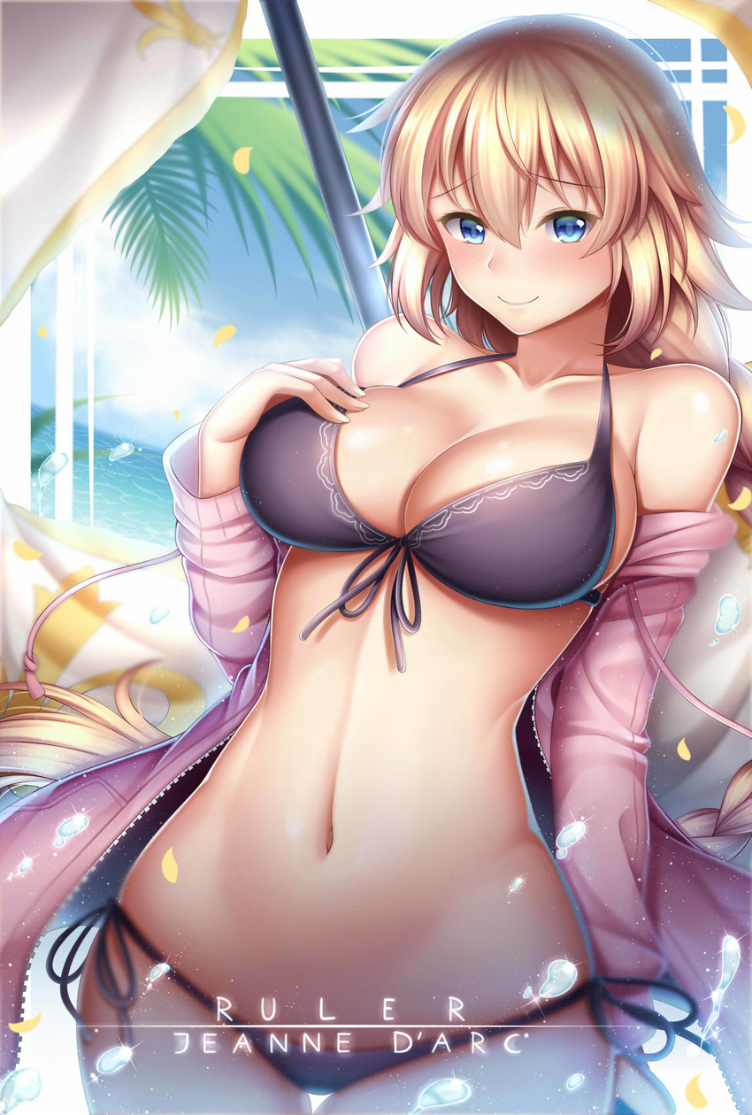 bikini breast_hold cleavage fate/grand_order guardian_panda open_shirt ruler_(fate/apocrypha) swimsuits