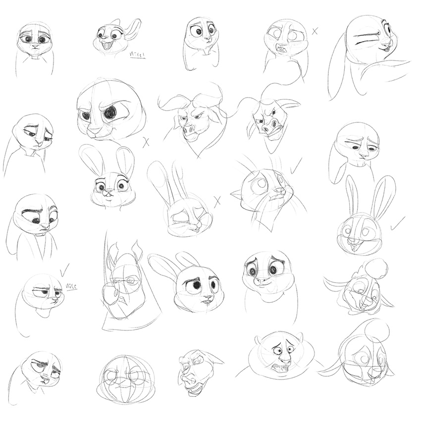 2017 anthro benjamin_clawhauser black_and_white bluedouble bovine buffalo cape_buffalo caprine cheetah chief_bogo dawn_bellwether disney expression_sheet feline female group judy_hopps lagomorph male mammal monochrome rabbit sheep simple_background sketch sketch_page white_background zootopia