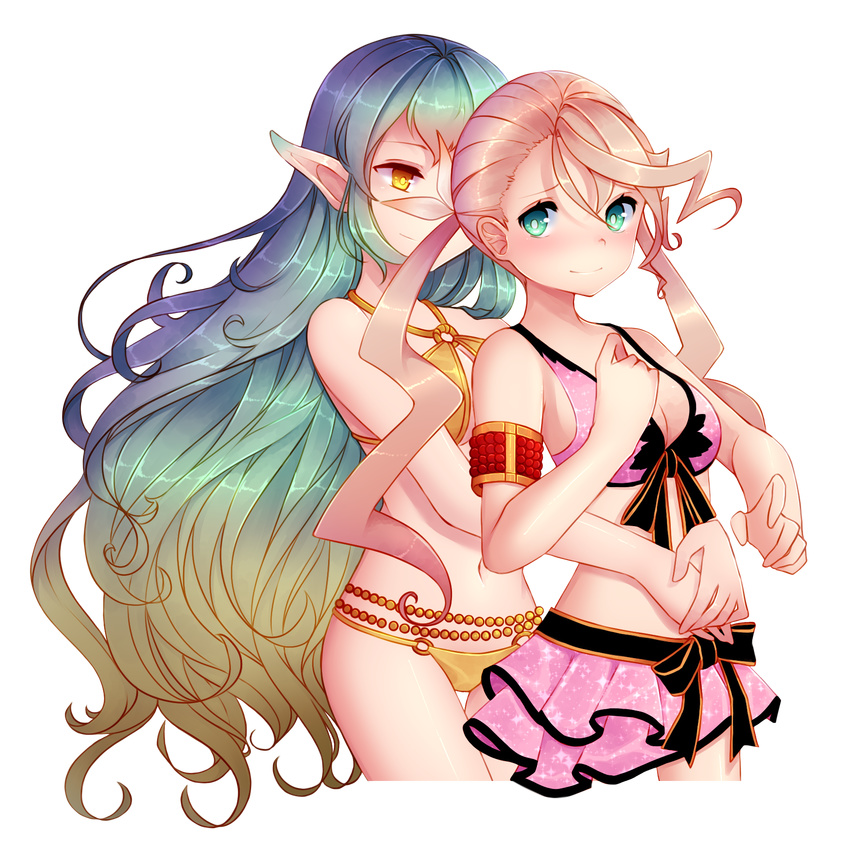 2girls alisha_diphda aqua_eyes bare_shoulders bikini blue_hair blush breasts brown_hair cleavage hug hug_from_behind jewelry long_hair multiple_girls muzet_(tales) navel pointy_ears ribbon smile tales_of_(series) tales_of_xillia tales_of_zestiria very_long_hair yellow_eyes