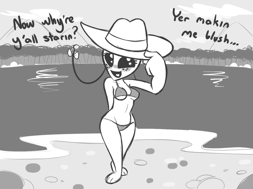 2016 alien barefoot bikini black_eyes blush bow breasts cassidy clothed clothing cute english_text female freckles gray_alien hat humanoid lake looking_at_viewer navel open_mouth outside sky smile solo source_request swimsuit text unknown_artist water