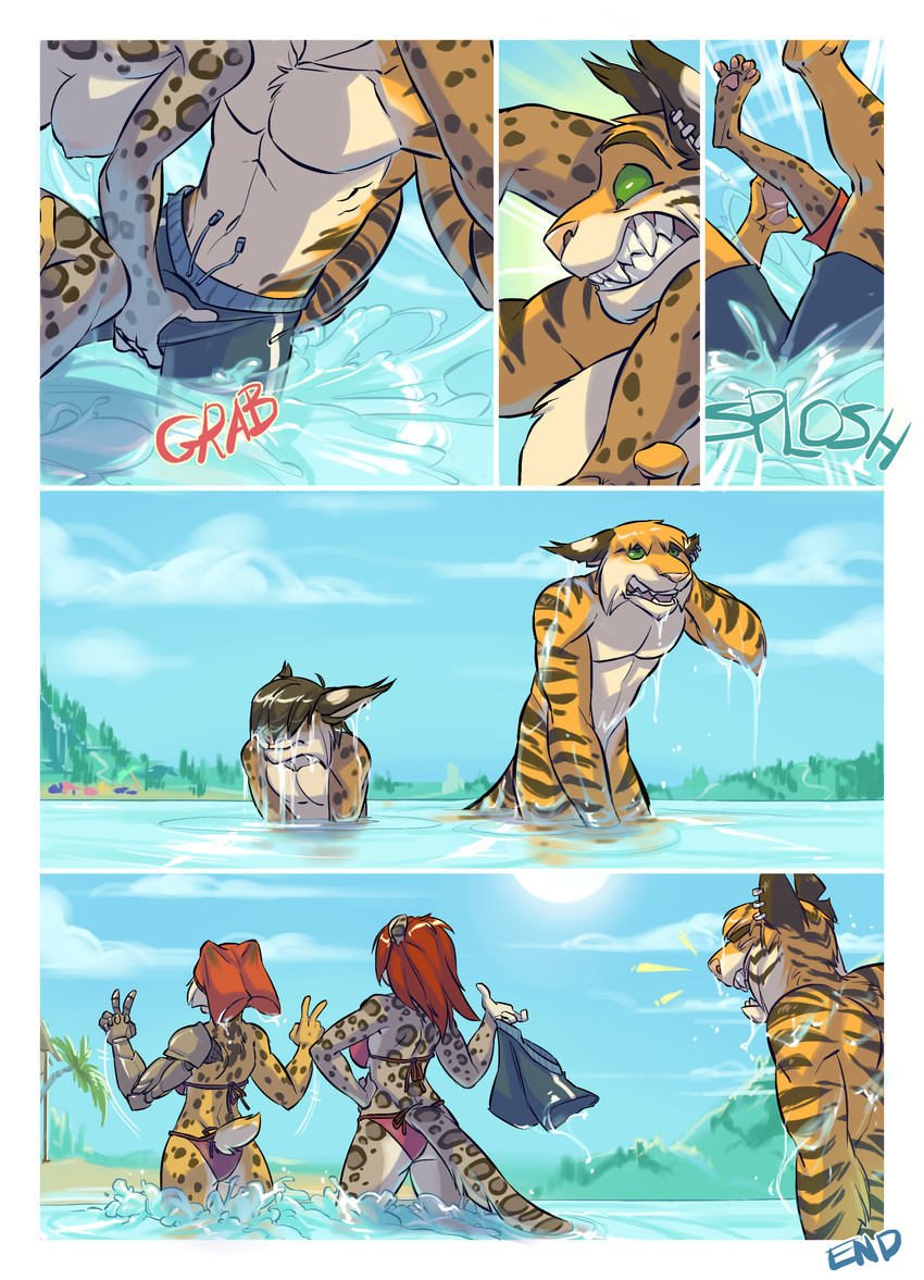 anthro bikini board_shorts clothing comic crotch_grab cybernetics embarrassed feline female grope group lynx machine male mammal nude outside smile standing swimsuit tiger wet zummeng