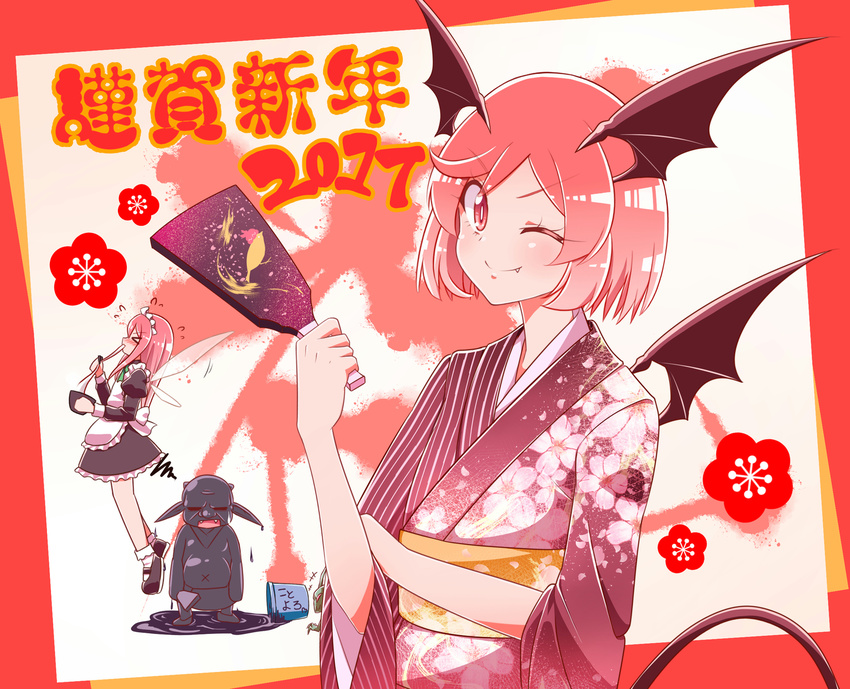 &gt;:) &gt;_&lt; 2girls ;) alternate_costume alternate_hair_length alternate_hairstyle apron bat_wings border bowl bright_pupils bucket chopsticks closed_eyes commentary_request demon_tail fairy_maid fairy_wings fang fang_out flower flying_sweatdrops hagoita hanetsuki head_tilt head_wings highres hobgoblin_(touhou) holding japanese_clothes kimono koakuma long_hair looking_at_viewer maid maid_headdress multiple_girls new_year one_eye_closed paddle paint pink_hair red_border red_eyes red_hair short_hair simple_background smile solo_focus squiggle sugiura_rippu tail touhou translation_request upper_body v-shaped_eyebrows waist_apron white_pupils wings