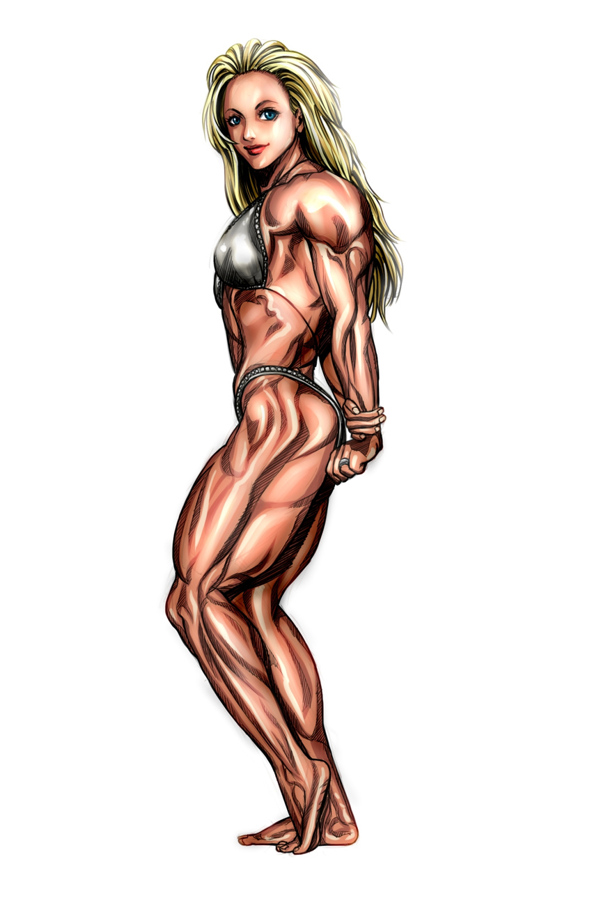 blonde_hair blue_eyes bodybuilder flexing gajumaro highres long_hair muscle muscular_female pose swimsuit white_bikini