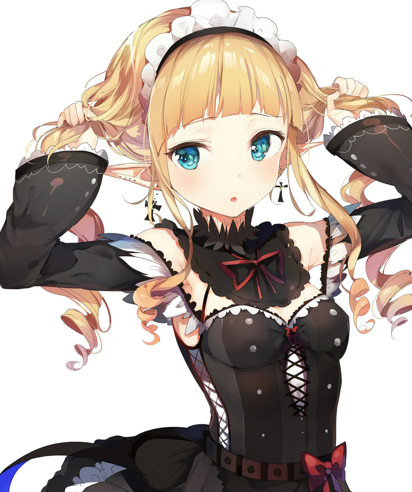 adjusting_hair aqua_eyes bangs black_dress blonde_hair blush breasts bunching_hair cross cross_earrings curly_hair detached_collar detached_sleeves dress earrings gothic_lolita highres jewelry lace-trimmed_sleeves lolita_fashion long_hair looking_at_viewer maid maid_headdress medium_breasts original parted_lips pointy_ears red_ribbon ribbon simple_background solo striped umibouzu_(niito) upper_body vertical-striped_dress vertical_stripes white_background