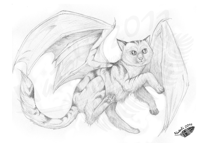 2011 ambiguous_gender cat claws feline feral fur hybrid mammal membranous_wings natoli nude simple_background sketch solo traditional_media_(artwork) white_background wings