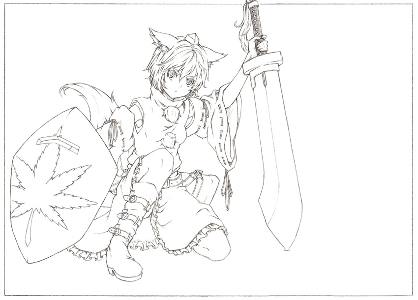 9gennfox animal_ears bad_id bad_pixiv_id boots greyscale hat highres inubashiri_momiji lineart monochrome shield solo sword tokin_hat touhou weapon wolf_ears