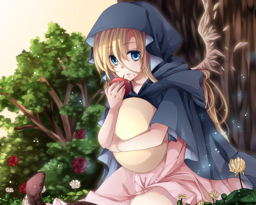 apple bad_id bad_pixiv_id blonde_hair blue_eyes cloak egg flower food food_on_face fruit long_hair mutsuki_(ama245) original single_wing snake solo tree wings