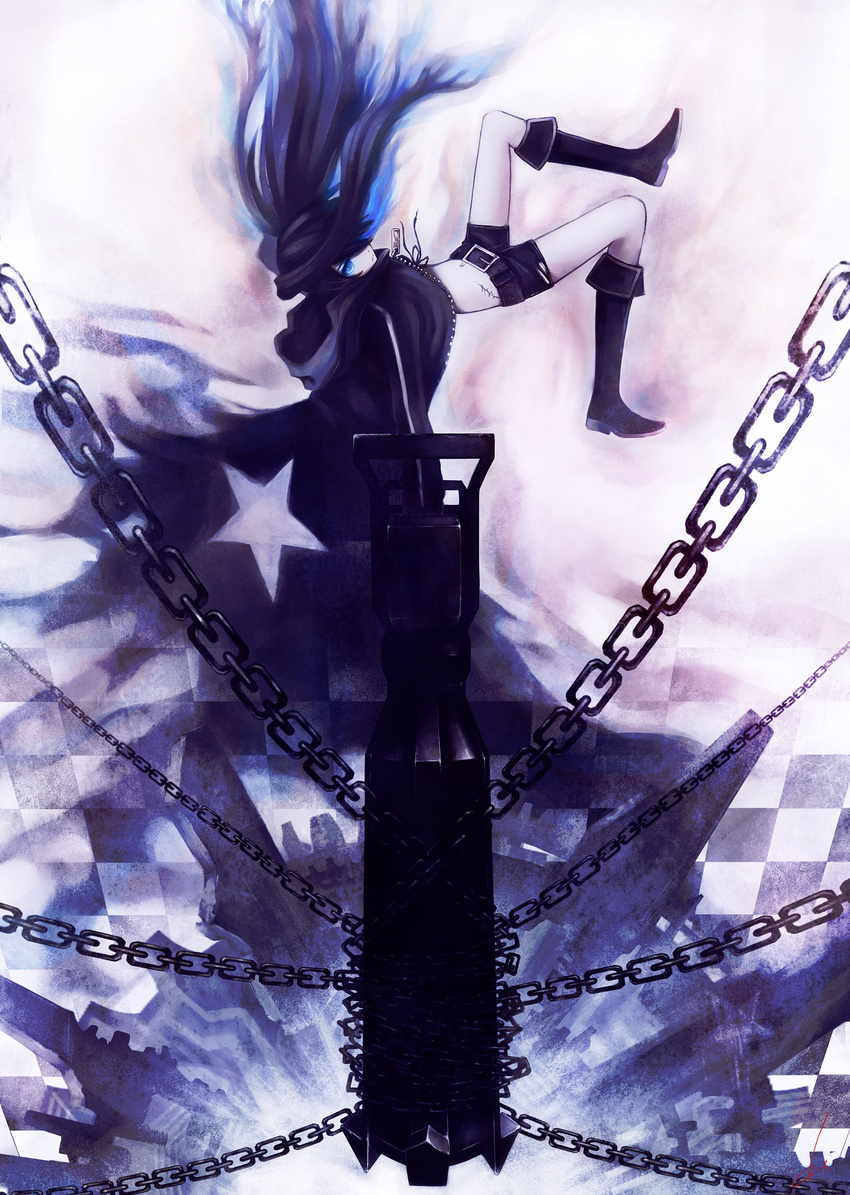 absurdres arm_cannon belt bikini_top black_hair black_rock_shooter black_rock_shooter_(character) blue_eyes boots burning_eye cannon chain coat dopollsogno flat_chest gun highres long_hair midriff navel pale_skin purple scar shorts solo star twintails very_long_hair weapon