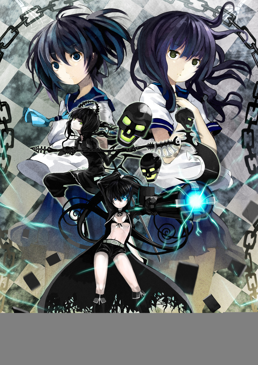 absurdres bikini_top black_hair black_rock_shooter black_rock_shooter_(character) chain chains checkered dead_master highres hook hot_pants long_hair nauribon school_uniform serafuku short_hair shorts skull