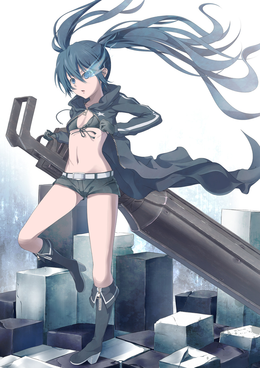 :o absurdres belt bikini_top black_rock_shooter black_rock_shooter_(character) blue_hair boots burning_eye front-tie_top gloves highres huge_weapon jacket knee_boots leg_up long_hair navel scar short_shorts shorts solo stitches supertie twintails very_long_hair weapon