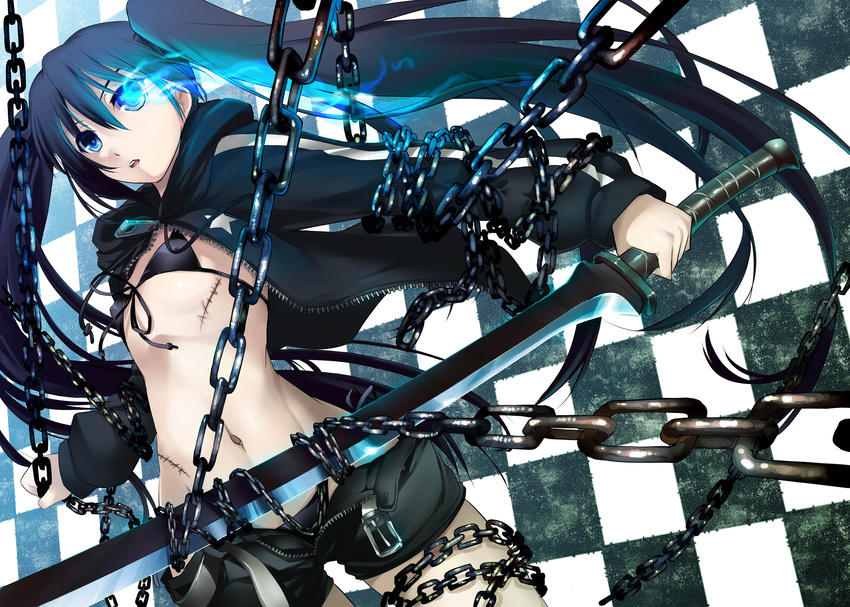 absurdres belt bikini_top black_hair black_rock_shooter black_rock_shooter_(character) blue_eyes chain covered_nipples flat_chest highres long_hair ouma_tokiichi panties scar shorts side-tie_panties solo sword twintails underwear weapon zipper