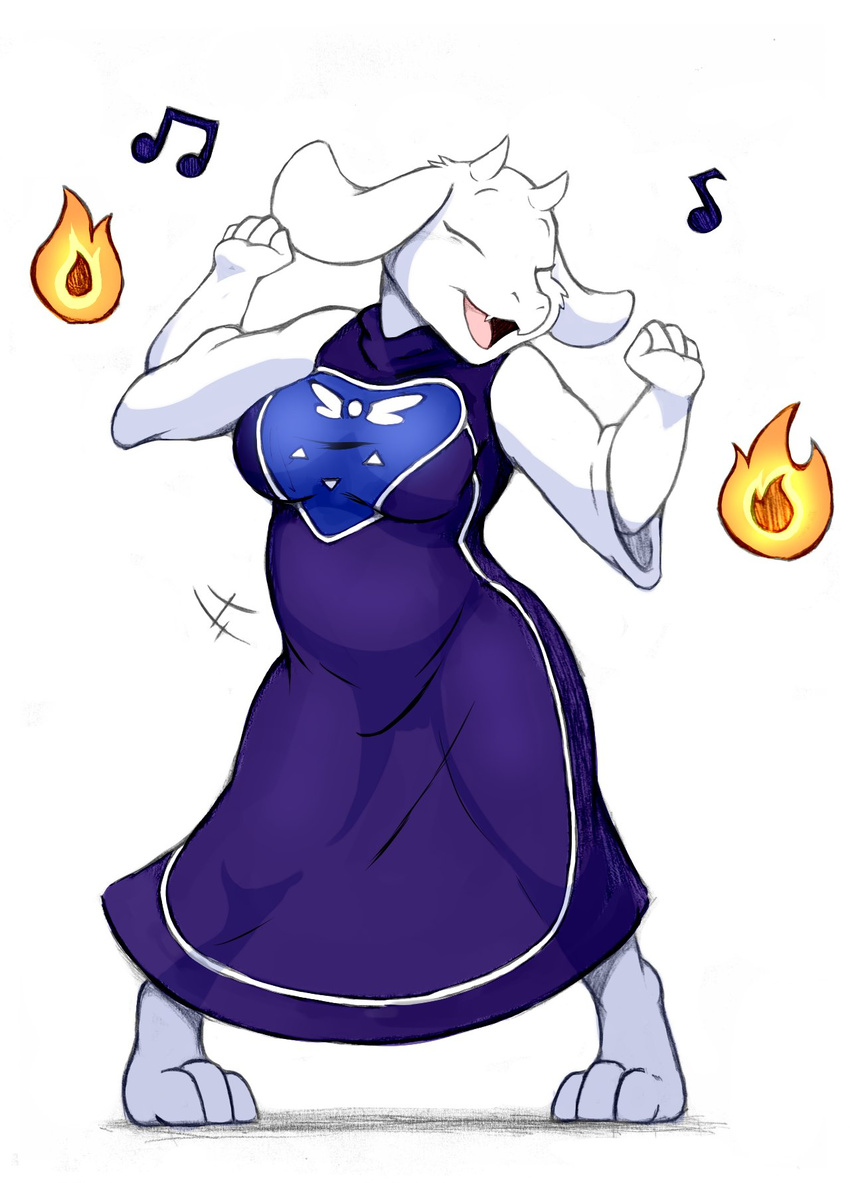 anthro breasts caprine clothed clothing dancing denzeltip eyes_closed female front_view goat horn mammal open_mouth robe simple_background slightly_chubby smile solo standing toriel traditional_media_(artwork) undertale video_games white_background