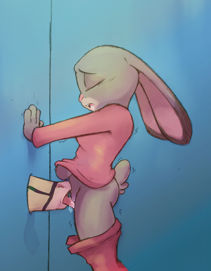 anthro clothed clothing cunnilingus denzeltip disney duo equine female glory_hole horse judy_hopps lagomorph male male/female mammal oral pants_down partially_clothed pussy_juice rabbit sex standing vaginal zootopia
