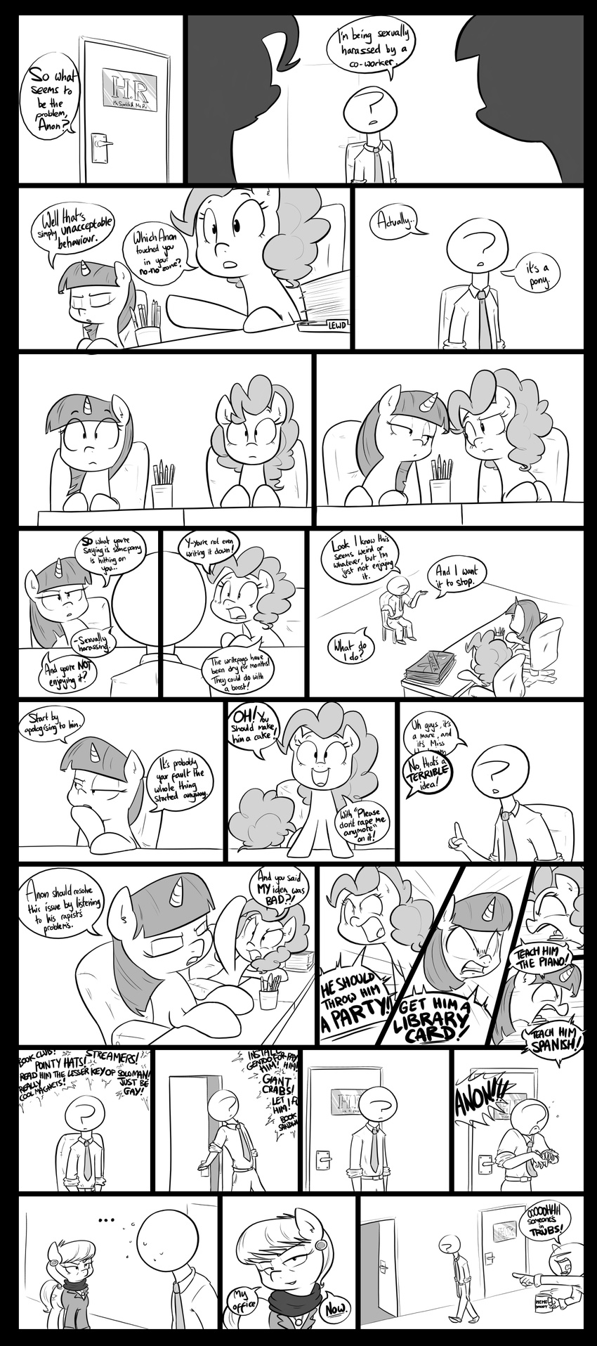 2016 anon clothed clothing comic desk dialogue ear_piercing earth_pony english_text equine female feral friendship_is_magic furniture group hi_res horn horse human male mammal ms_harshwhinny_(mlp) my_little_pony necktie pen piercing pinkie_pie_(mlp) pony sexual_harassment shoutingisfun text twilight_sparkle_(mlp) unicorn