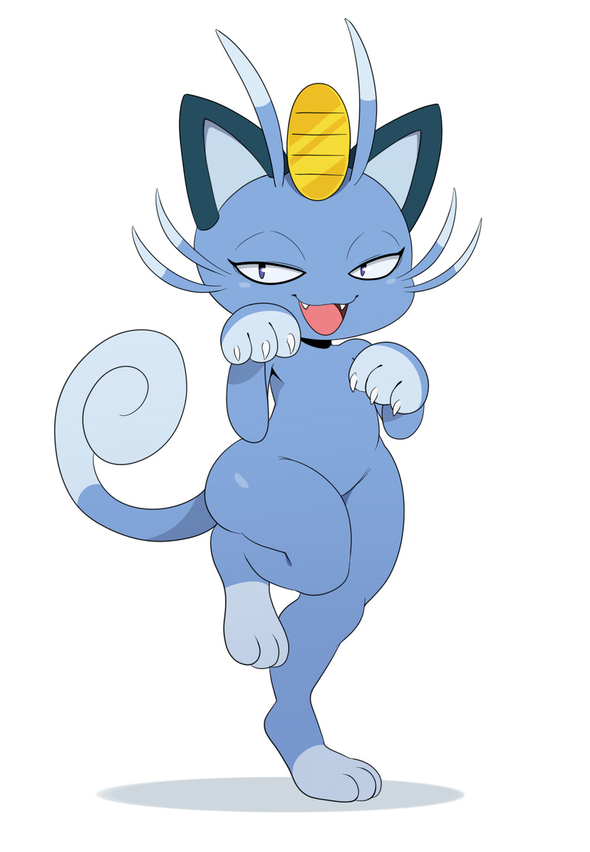 2016 alolan_meowth ambiguous_gender anthro blue_eyes cat fangs feline fur half-closed hi_res looking_at_viewer mammal nintendo nude open_mouth pok&eacute;mon regional_variant simple_background smile solo sssonic2 thick_thighs video_games whiskers white_background wide_hips