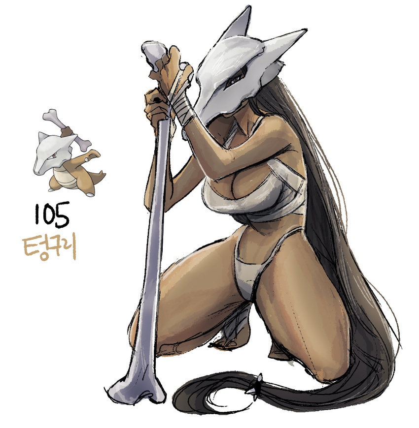 bone breasts brown_hair cleavage dark_skin full_body holding holding_bone large_breasts long_hair marowak personification pokemon solo tamtamdi very_long_hair