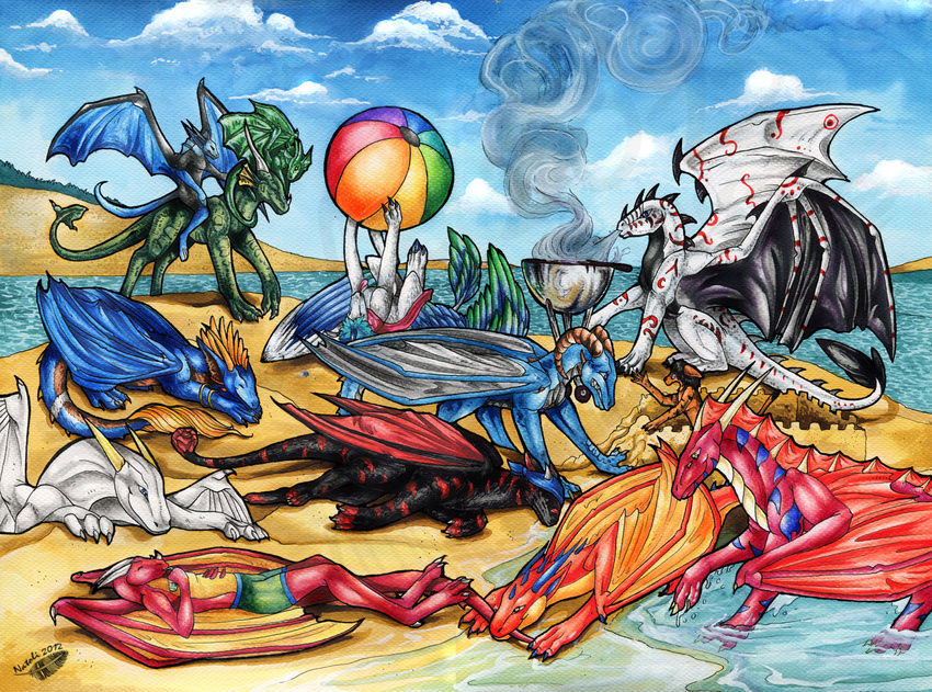 2012 anthro ball beach beach_ball blue_eyes claws clothed clothing curved_horn day detailed_background dragon eyes_closed feathered_dragon feathered_wings feathers female feral group horn male membranous_wings natoli nude outside sand seaside sky smile standing topless traditional_media_(artwork) water watermark wings