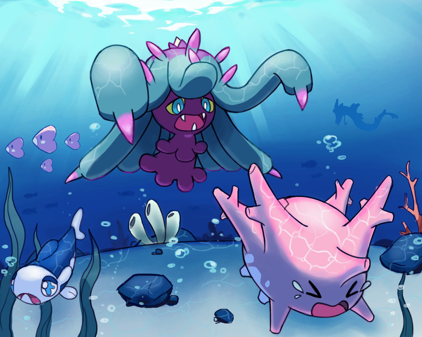 bad_id bad_tumblr_id blue_eyes bubble chasing closed_eyes coral coral_reef corsola crying fangs fleeing gen_1_pokemon gen_2_pokemon gen_3_pokemon gen_7_pokemon gyarados light_rays luvdisc mareanie no_humans ocean ocean_bottom open_mouth pokemon pokemon_(creature) rock sand seaweed sharp_teeth spikes swimsuit tearing_up tears teeth underwater water wishiwashi yellow_sclera