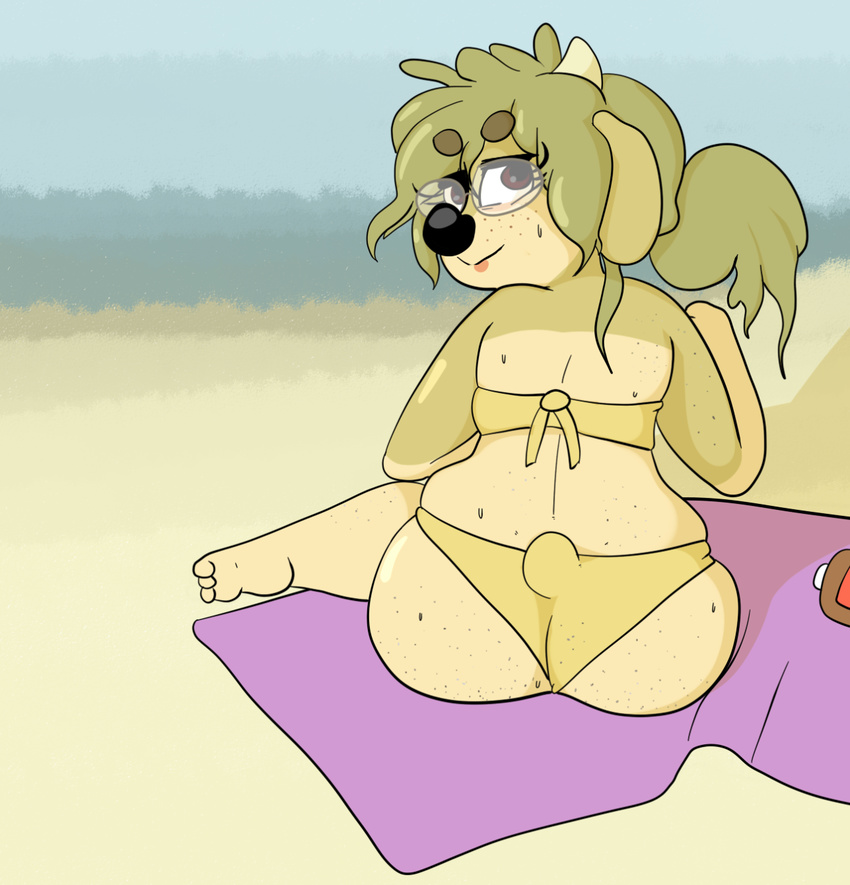 2016 anthro beach bikini black_nose blush bovine butt cattle clothing dirty eyewear feet female freckles fur glasses green_hair hair horn looking_at_viewer looking_back lotion maggie_hudson mammal on_towel rear_view sand seaside short_tail sitting sky slightly_chubby solo sprocket_(artist) sweat swimsuit tan_fur towel water wide_hips