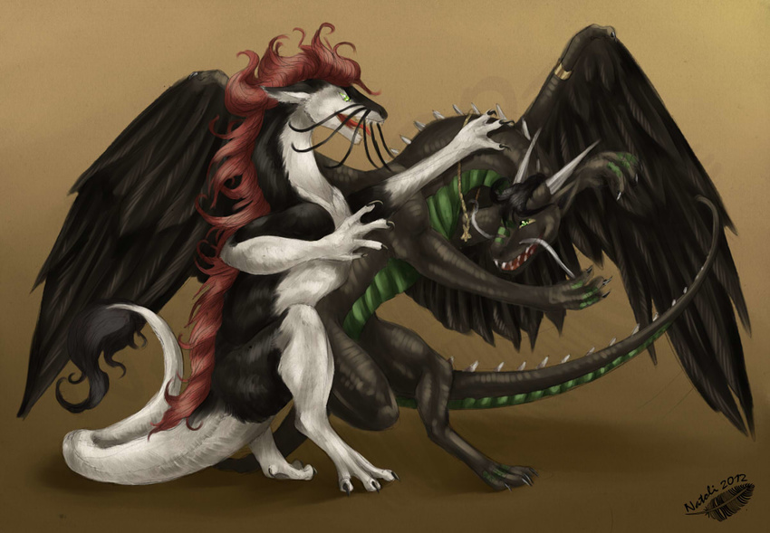 2012 black_feathers brown_hair claws digital_media_(artwork) dragon duo feathered_wings feathers feral fur green_eyes hair horn natoli open_mouth simple_background smile standing teeth watermark white_fur wings