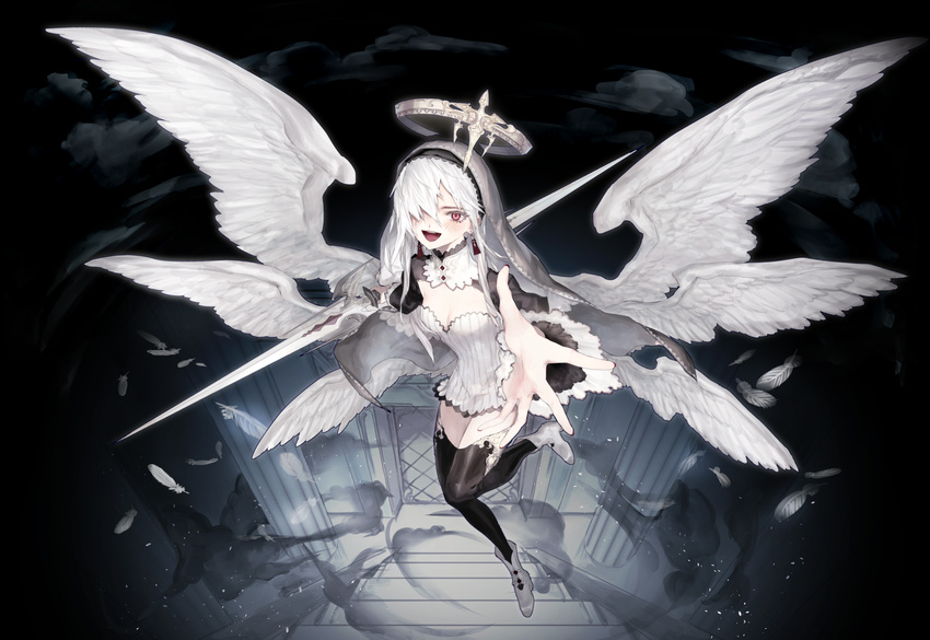 absurdres black_background black_legwear boots breasts cleavage dress full_body happy highres long_hair medium_breasts nail_polish original outstretched_hand ozyako red_eyes red_nails solo thighhighs weapon white_dress white_hair wings