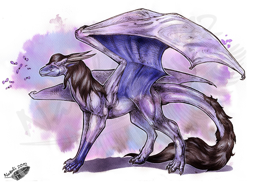 2012 brown_hair claws dragon feral hair horn membranous_wings natoli nude purple_skin smile solo standing traditional_media_(artwork) watermark wings