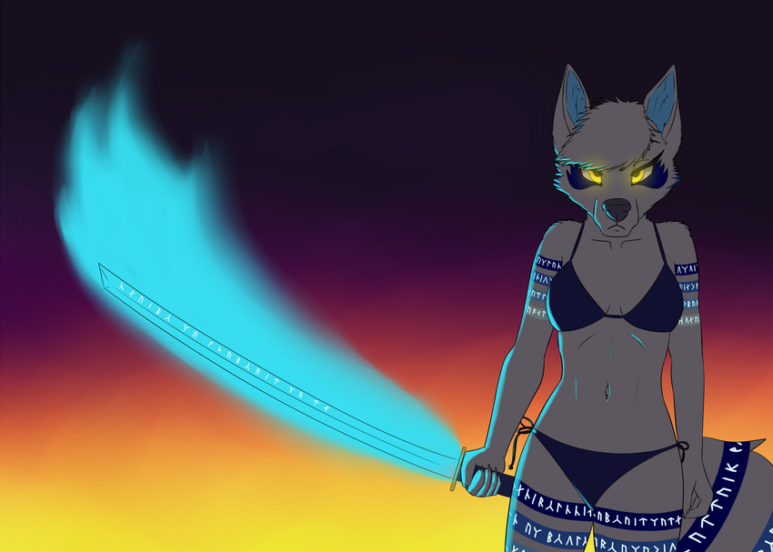 2017 5_fingers aira an_ancient anthro breasts clothed clothing female fire front_view fur glowing glowing_eyes holding_object holding_weapon looking_at_viewer mammal melee_weapon runes skimpy solo standing sword weapon white_fur yellow_eyes