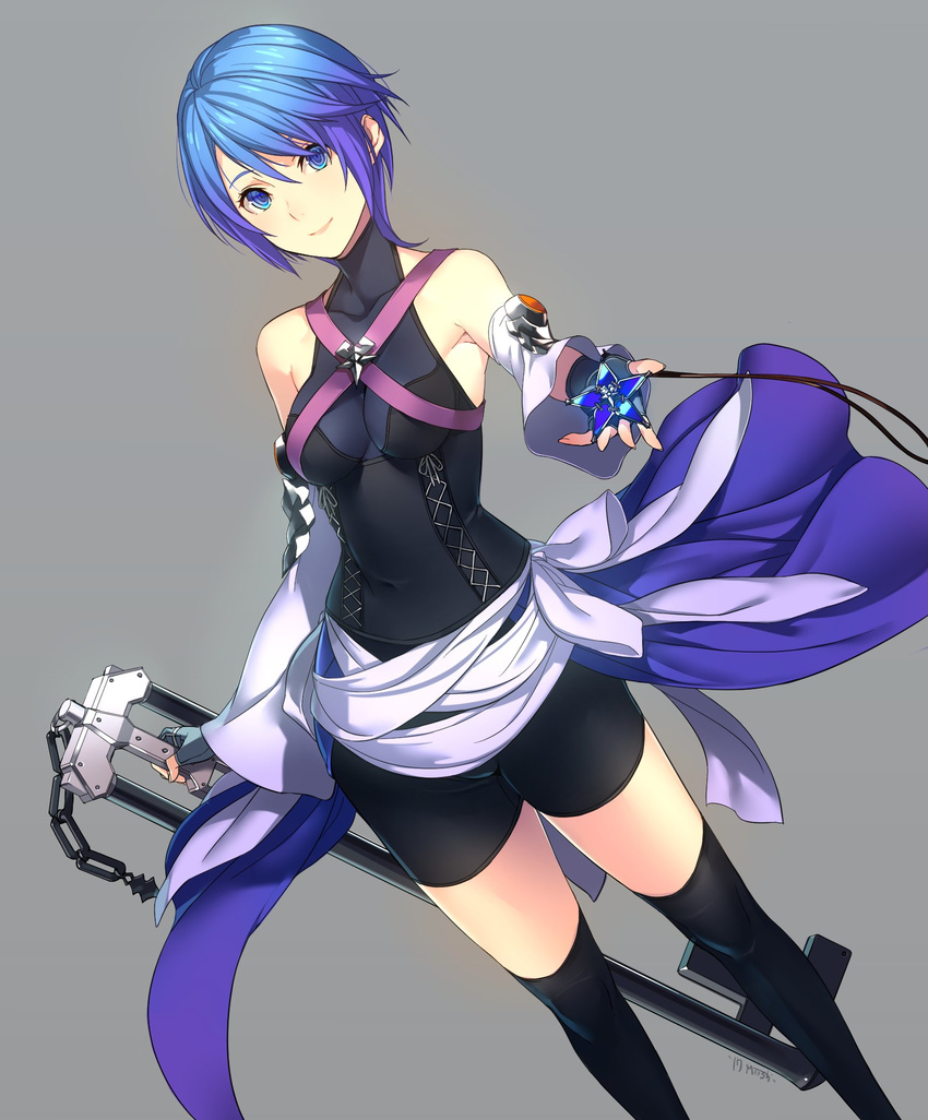 aqua_(kingdom_hearts) bike_shorts blue_eyes blue_hair detached_sleeves fingerless_gloves gloves highres kagetomo_midori keyblade kingdom_hearts kingdom_hearts_birth_by_sleep solo thighhighs