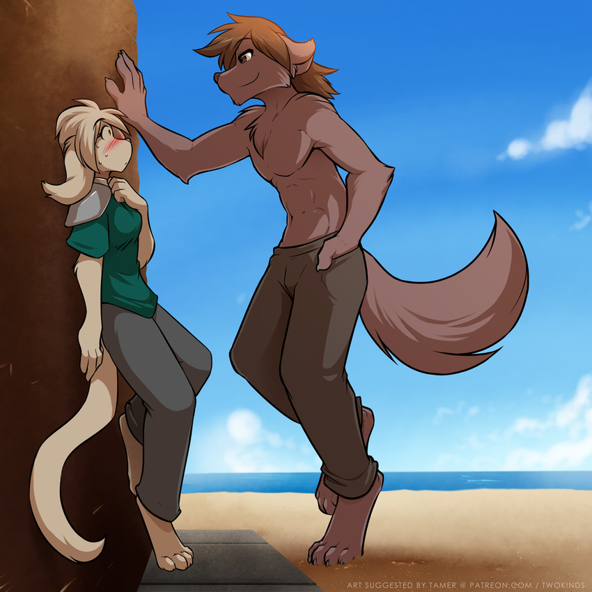 anthro basitin blush brown_eyes brown_fur brown_hair canine clothed clothing cloud crossgender duo female fur hair keidran keith_keiser long_hair male mammal muscular natani outside size_difference sky smile tan_fur tan_hair tom_fischbach tuft twokinds water webcomic wolf