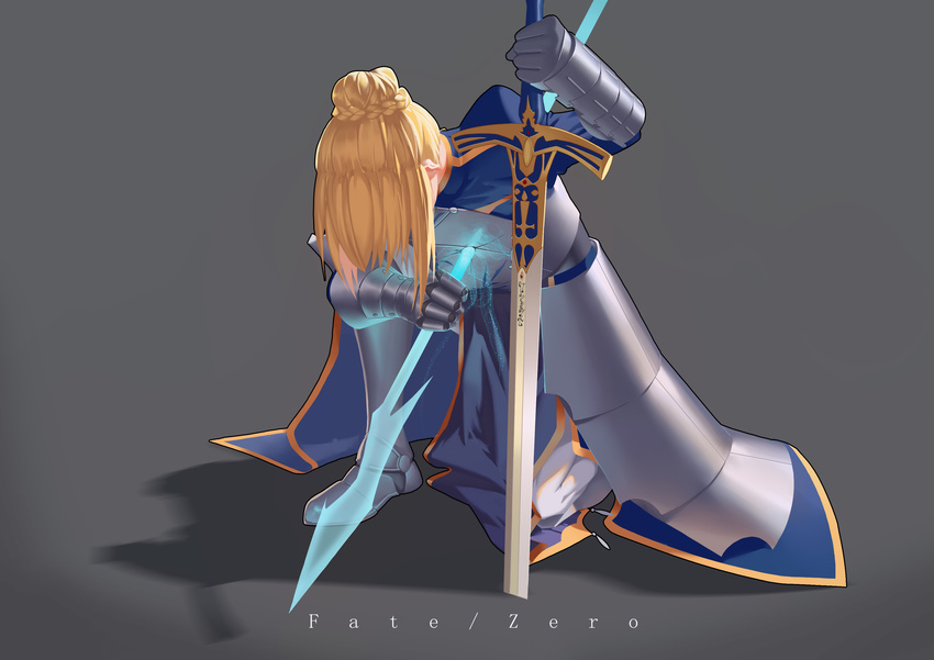 absurdres armor artoria_pendragon_(all) blonde_hair copyright_name crack energy_weapon excalibur fate/zero fate_(series) full_body grey_background head_down highres impaled juliet_sleeves leaning_forward long_hair long_sleeves long_sword one_knee planted_sword planted_weapon polearm puffy_sleeves saber solo spear sword takamitsu-kun weapon