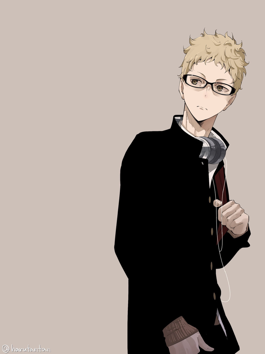 blonde_hair brown_eyes glasses haikyuu!! harutan044 headphones headphones_around_neck highres male_focus solo tsukishima_kei twitter_username