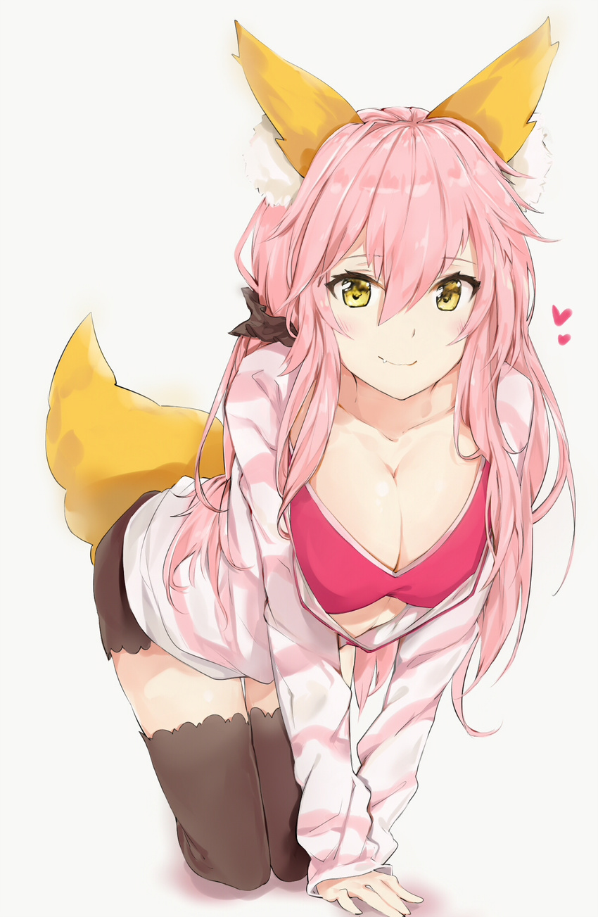 animal_ears caster_(fate/extra) cleavage fate/grand_order kitsune open_shirt silver_(chenwen) tail thighhighs