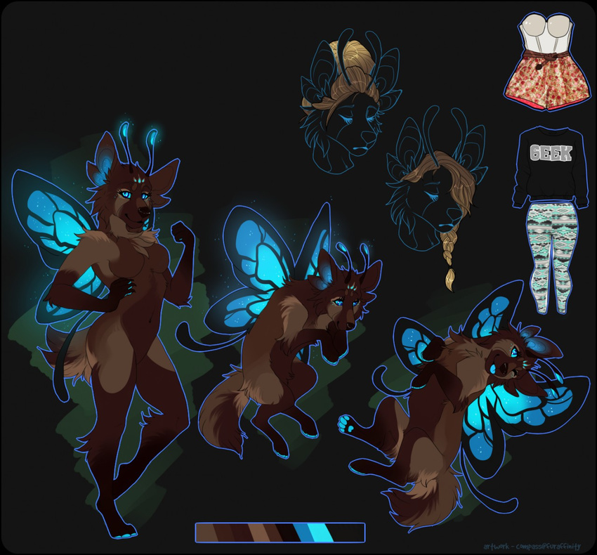 anthro arthropod breasts butterfly canine compass_(artist) featureless_breasts female feral hybrid insect mammal model_sheet nude smile solo