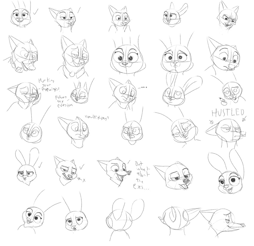 2017 anthro black_and_white bluedouble canine dialogue disney duo english_text expression_sheet female fox judy_hopps lagomorph male mammal monochrome nick_wilde rabbit simple_background sketch sketch_page text white_background zootopia