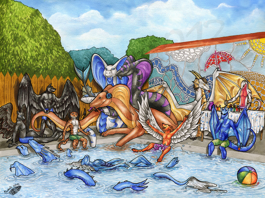 2012 anthro canine clothed clothing day detailed_background dragon feathered_wings feathers feline feral group male mammal natoli outside partially_submerged reptile scalie sky smile snake tiger topless traditional_media_(artwork) tree water watermark wings wolf