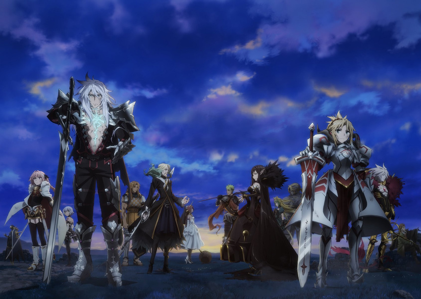 achilles_(fate) armor astolfo_(fate) atalanta_(fate) avicebron_(fate) balmung_(fate/apocrypha) beard blonde_hair blue_eyes braid chiron_(fate) clarent dark_skin dress facial_hair fate/apocrypha fate_(series) frankenstein's_monster_(fate) green_eyes green_hair highres horn horns jack_the_ripper_(fate/apocrypha) karna_(fate) key_visual long_hair mordred_(fate) mordred_(fate)_(all) multicolored_hair official_art otoko_no_ko pink_hair polearm ponytail red_eyes semiramis_(fate) siegfried_(fate) silver_hair single_braid spartacus_(fate) spear sword very_long_hair vlad_iii_(fate/apocrypha) weapon white_dress white_hair william_shakespeare_(fate)