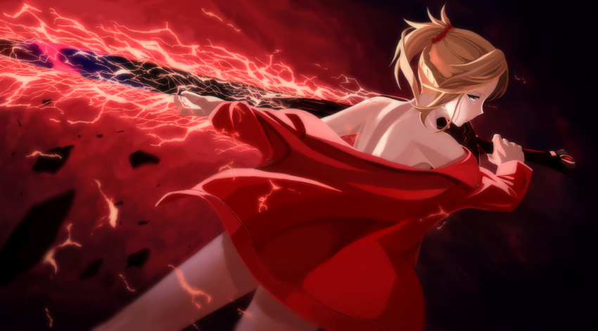 blonde_hair clarent fate/apocrypha fate/grand_order fate_(series) from_behind green_eyes highres lightning_bolt mordred_(fate) mordred_(fate)_(all) mukade_(siieregannsu) off_shoulder partially_undressed shoulder_blades solo sword thighs weapon
