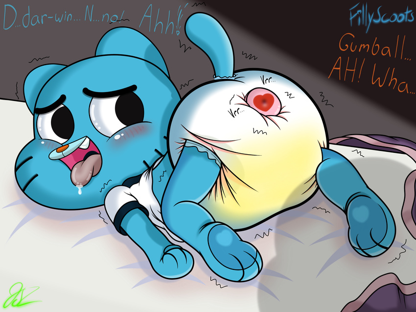 &lt;3 anal anthro bed black_eyes blue_fur blush cartoon_network cat cub dialogue diaper drooling feet feline fillyscoots42 fur gumball_watterson jayson_(artist) male mammal open_mouth paws saliva sex_toy shadow solo teeth the_amazing_world_of_gumball tongue urine vibrating wet_diaper whiskers young