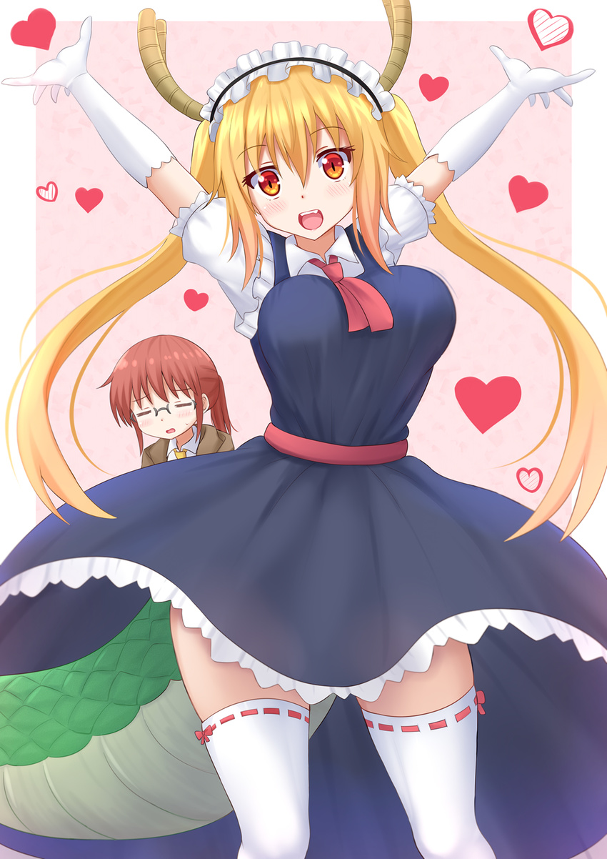 :d \o/ arms_up blonde_hair blush bow breasts closed_eyes commentary dress elbow_gloves glasses gloves headdress heart highres horns kazenokaze kobayashi-san_chi_no_maidragon kobayashi_(maidragon) large_breasts long_hair looking_at_viewer maid multiple_girls necktie open_mouth orange_eyes outstretched_arms red_hair ribbon-trimmed_legwear ribbon_trim short_hair smile tail thighhighs tooru_(maidragon) twintails white_legwear
