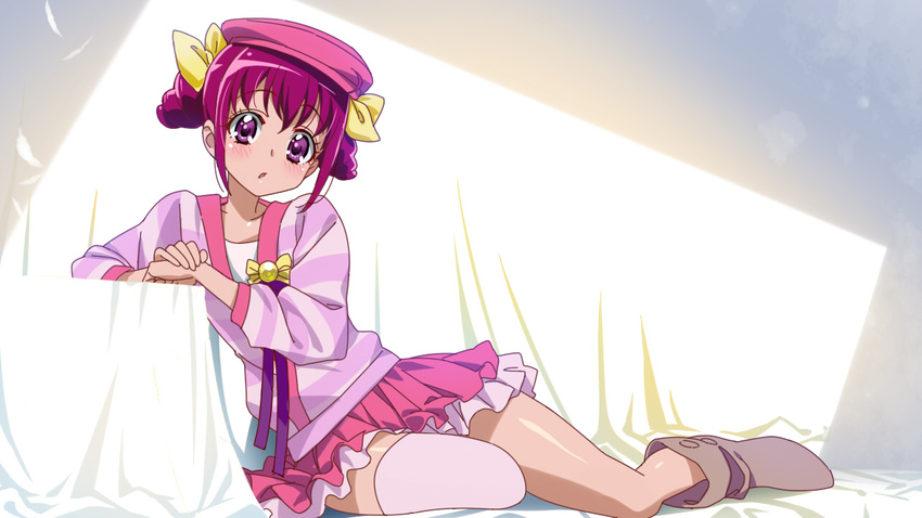 :o bed blush boots bow cardigan casual double_bun feathers full_body hair_bow hat hoshizora_miyuki leaning long_sleeves open_mouth pink_vest precure purple_eyes short_hair single_thighhigh skirt smile_precure! solo thighhighs tonbi vest white_background