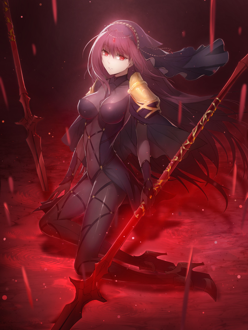 blush bodysuit fate/extra lancer_(fate/extra) long_hair purple_hair red-eyes spear warrior