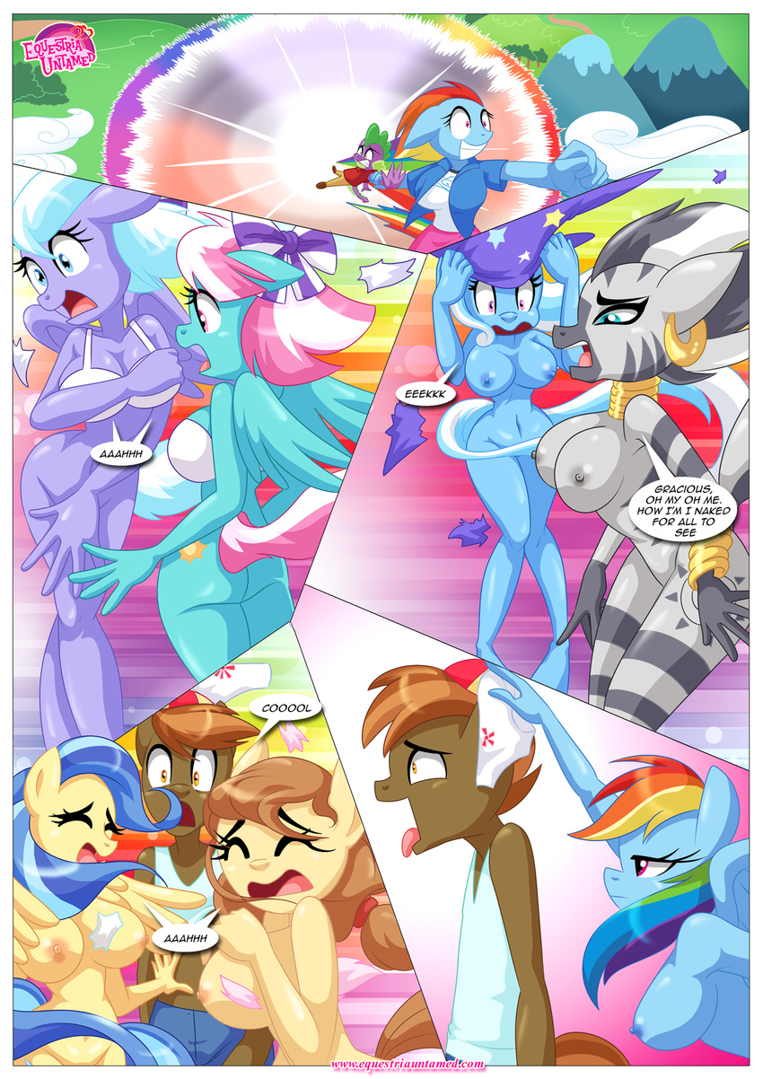 anthro bbmbbf big_breasts breasts button's_mom button_mash_(mlp) clothing equestria_untamed equine fan_character friendship_is_magic lilac_sky mammal my_little_pony palcomix panties pegasus public_nudity rainbow_dash_(mlp) sonic_rainboom spike_the_dragon spring_step sunshower trixie underwear undressing wings zecora_(mlp)