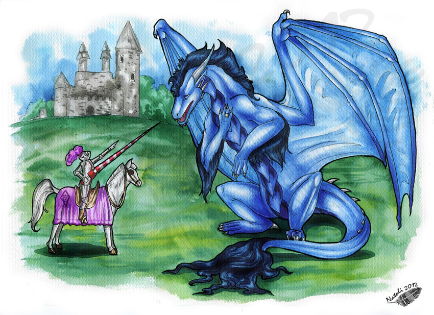 2012 blue_hair claws day dragon equine feral hair horse knight lance mammal natoli open_mouth outside sitting traditional_media_(artwork) watermark