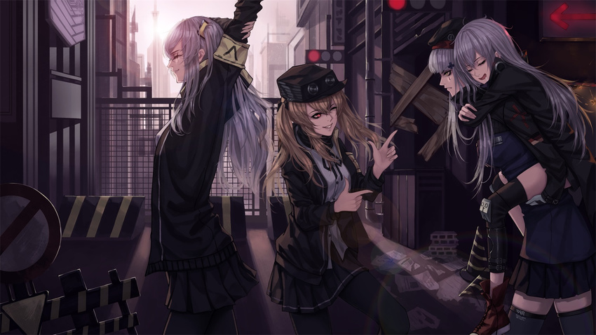 4girls ;) angry armband bangs black_legwear black_skirt carrying commentary_request cowboy_shot from_side g11_(girls_frontline) girls_frontline hair_ornament hat hk416_(girls_frontline) jacket long_hair long_sleeves looking_at_another miniskirt multiple_girls one_eye_closed open_clothes open_jacket pantyhose parted_lips piggyback pleated_skirt profile red-d school_uniform skirt sleeveless smile stretch sunlight thighhighs ump45_(girls_frontline) ump9_(girls_frontline)